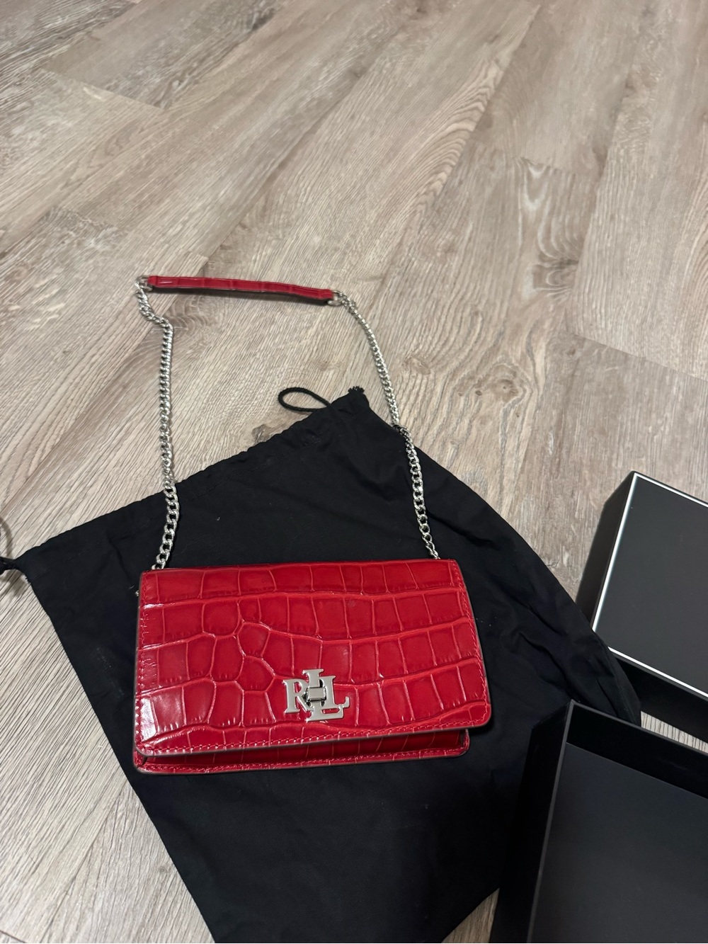 Ralph Lauren RL Red Croc-Embossed Leather Chain Crossbody Bag w/ Box & Dust Bag